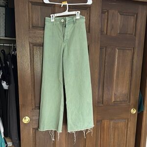 Zara Green Flare Wide Leg Jeans with Frayed Hem